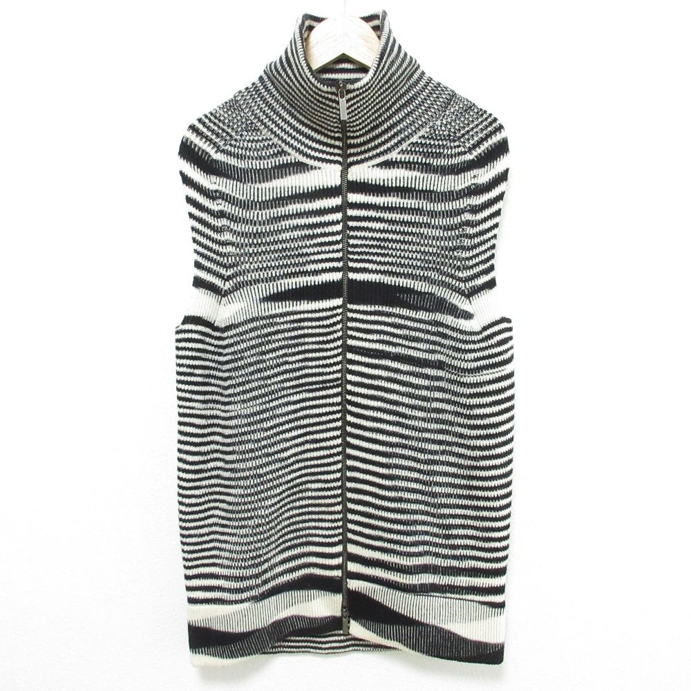 MISSONI ミッソーニ ランダムボーダー ジップアップ ニットベスト サイズ42 ブラック ホワイト レディース 古着