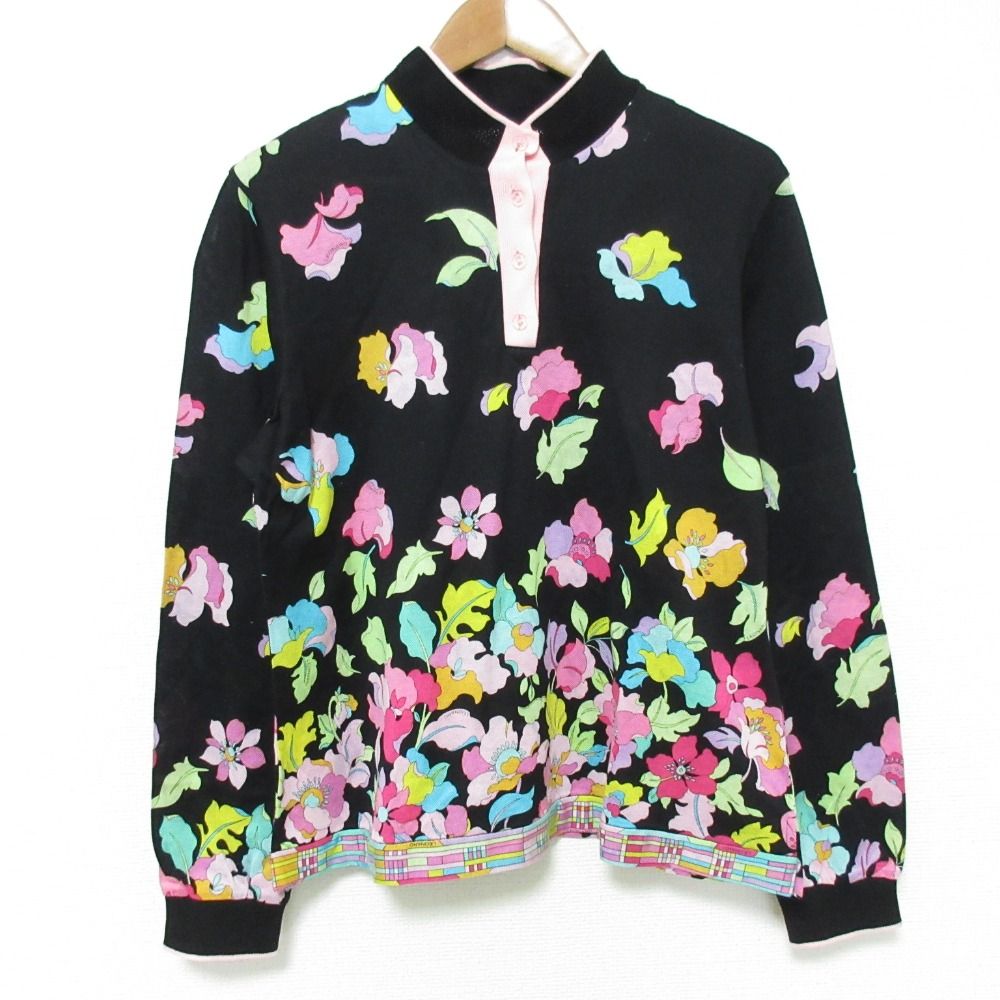 LEONARD SPORT レオナールスポーツ フラワープリント 鹿の子 ポロシャツ サイズ44 ブラック レディース 古着