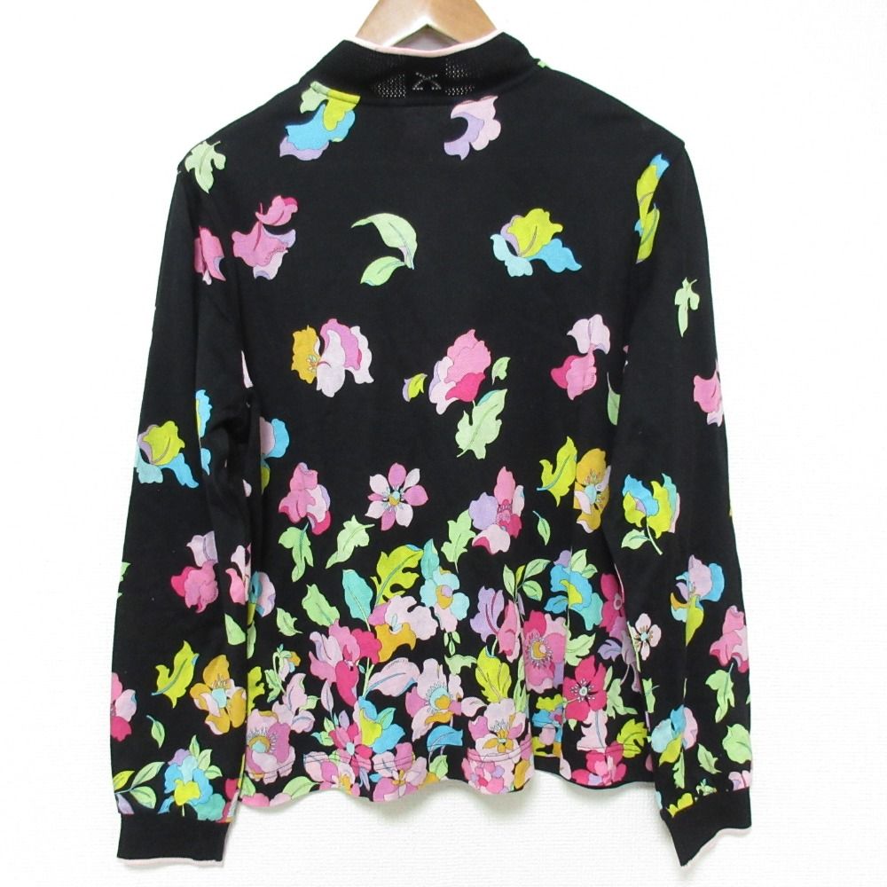 LEONARD SPORT レオナールスポーツ フラワープリント 鹿の子 ポロシャツ サイズ44 ブラック レディース 古着