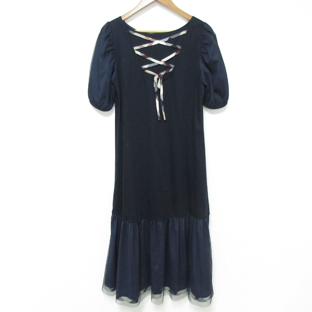 BLUE LABEL ブルーレーベルクレストブリッジ チュール切替 ワンピース サイズ38 ネイビー レディース 古着