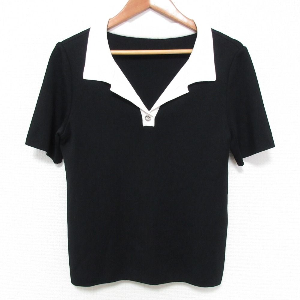 FOXEY フォクシー ブラック 白襟 半袖ニット カットソー 良品 FOXEY フォクシー セレナ ニット半袖ブラウス 37673 サイズ40