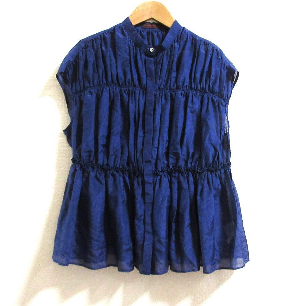 24 SS トゥモローランド コットンシルク シャーリングペプラムブラウス サイズ36 ネイビー レディース 古着