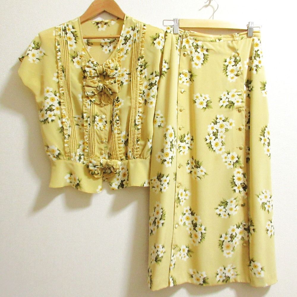 INGEBORG インゲボルグ レースリボン シャツ ブラウス ロングスカート セットアップ ベージュ レディース 古着