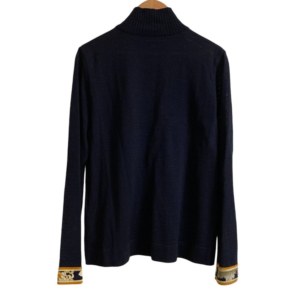 LEONARD レオナール ウール シルクブレンド ニットシャツ ブラウス LLサイズ ネイビー レディース 古着