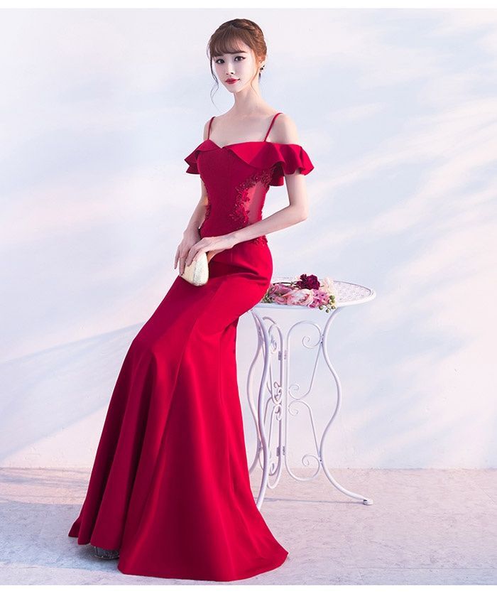 S ワインレッド ロング キャバドレス ロングドレス 演奏会 体型カバー 着痩せ イブニングドレス パーティーワンピース上品 オフショルダー ドレス マーメイドライン ブライダルドレス セクシー スリム da 023 w 3