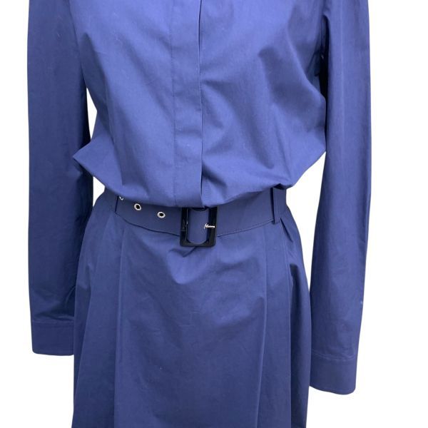 ●◆ サルヴァトーレフェラガモ Ferragamo 膝丈ワンピース 長袖 ベルト付き ブラウジング ネイビー コットン 38 M 9号 レディース H 5 Y 113
