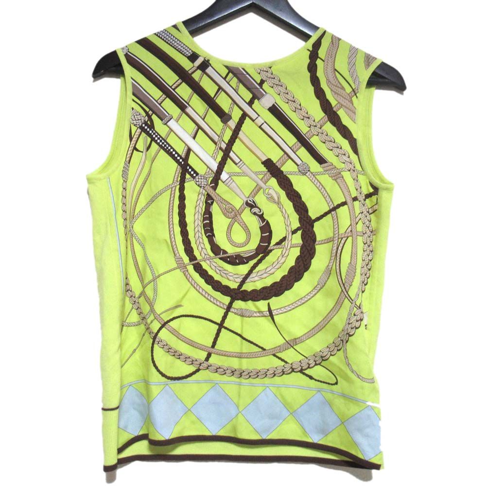 HERMES エルメス ツイルレーヌ シルク切り替え ノースリーブニット ベスト サイズ34 イエロー レディース 古着