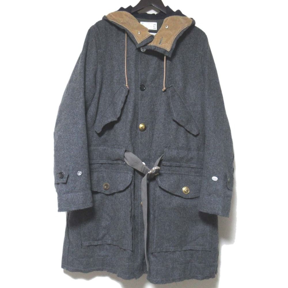 Sacai サカイ ドッキング メルトン ウール フーディー モッズコート 17 01373 M サイズ3 グレー メンズ 古着