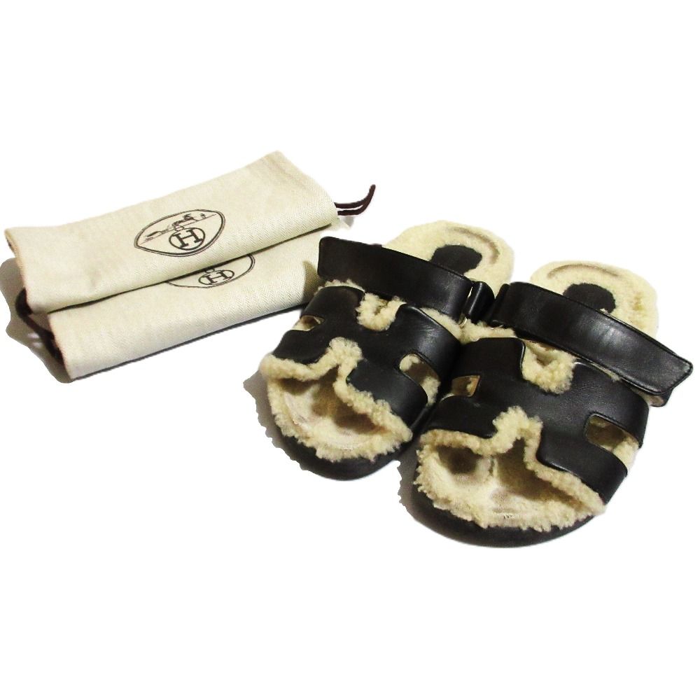 HERMES エルメス シプレ ムートン ストラップサンダル ブラック レディース 古着