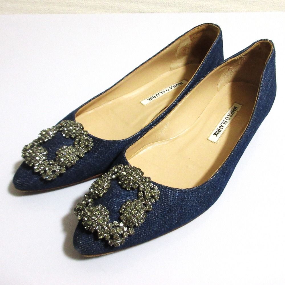 【美品】MANOLO BLAHNIK ハンギシビジュー36 1/2 良品 Manolo Blahnik マノロブラニク ハンギシ デニムフラットシューズ