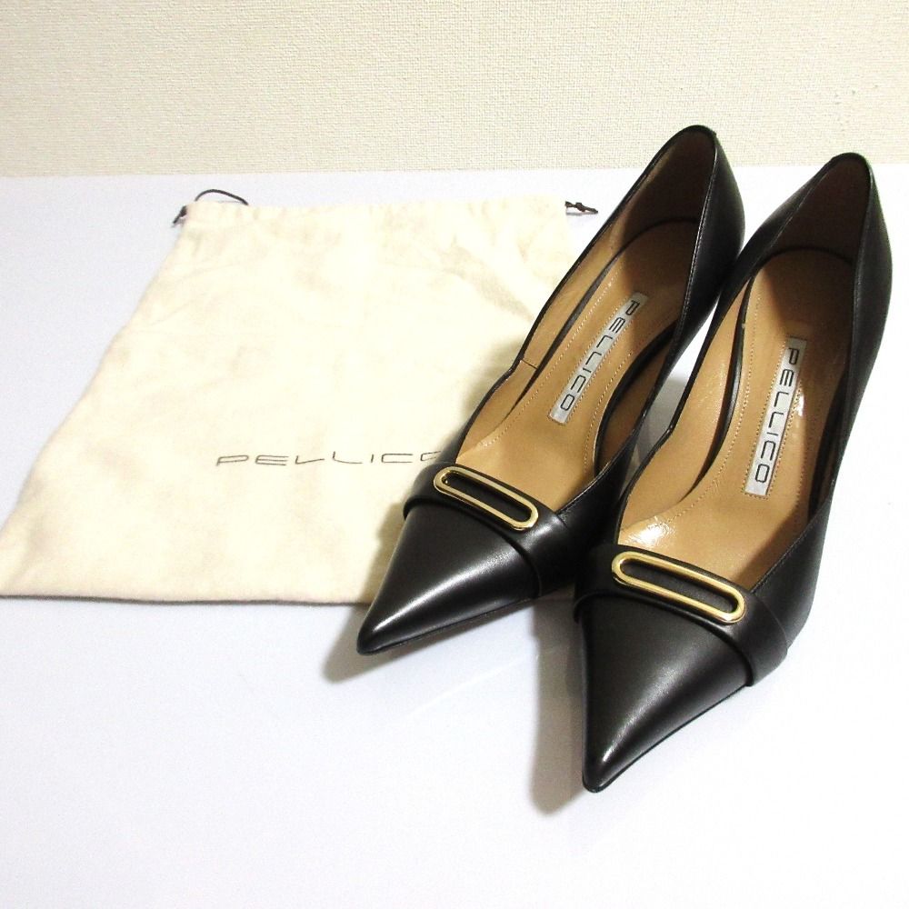 PELLICO ペリーコ 土星の輪 ポインテッドトゥ レザーパンプス サイズ37 約24 cm ブラック レディース 古着