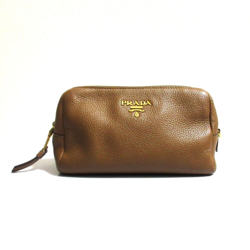 PRADA プラダ シュリンクレザー コスメポーチ ブラウン レディース 古着