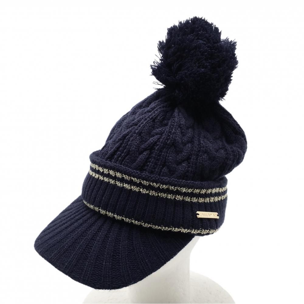 超美品】キャロウェイ つば付ニット帽 ネイビー×ゴールド ケーブル編み