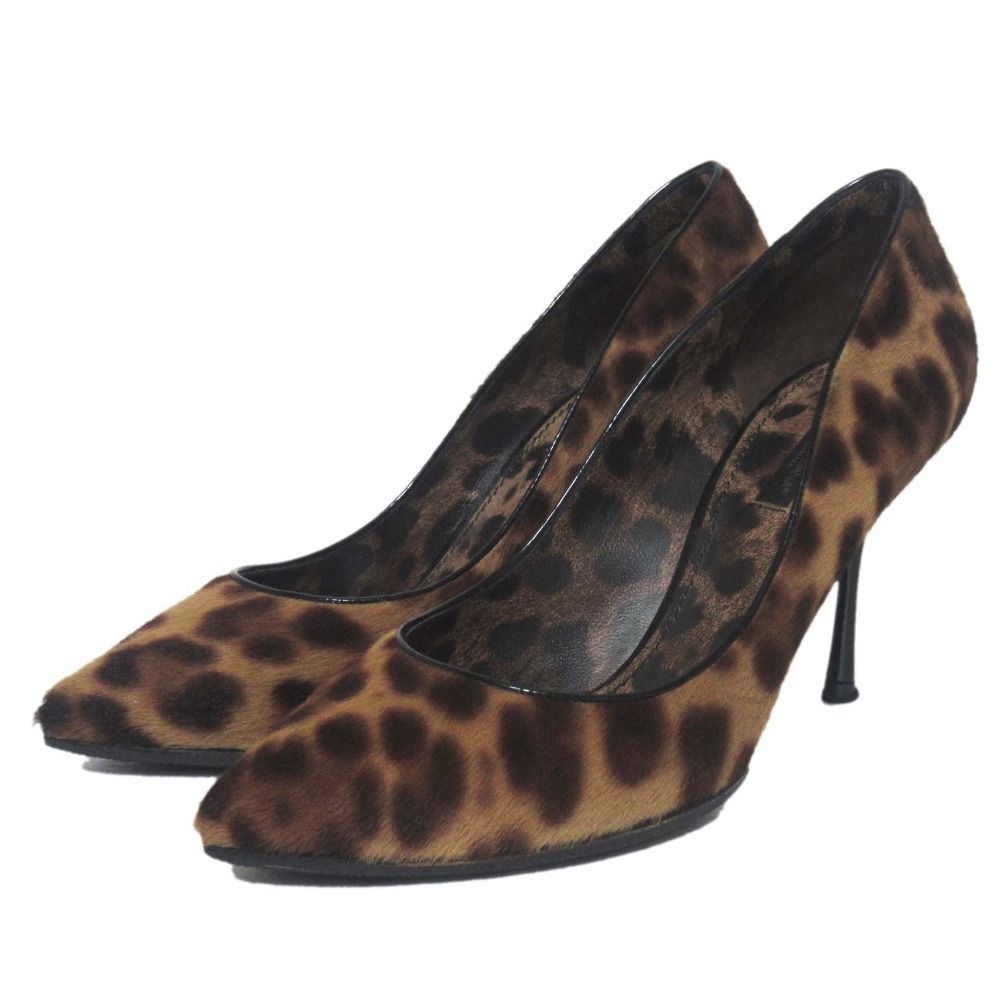 DOLCE-GABBANA ドルチェ-ガッバーナ レオパード柄ハラコ ポインテッドトゥ パンプス サイズ37.5 約24 cm ブラウン レディース 古着