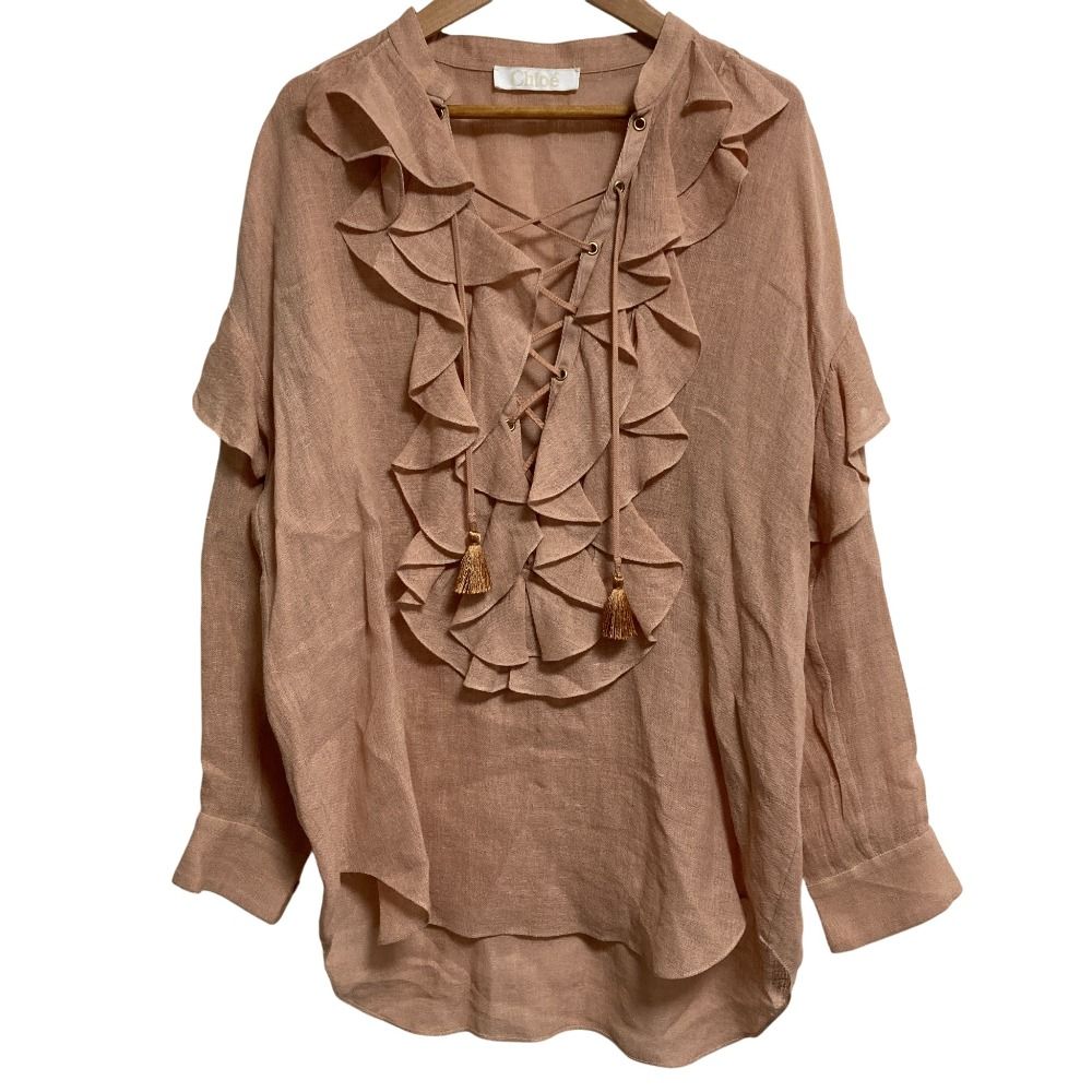 Chloe クロエ Gauzy Linen Ruffle Front Blouse ブラウス サイズ34 ピンクベージュ レディース 古着