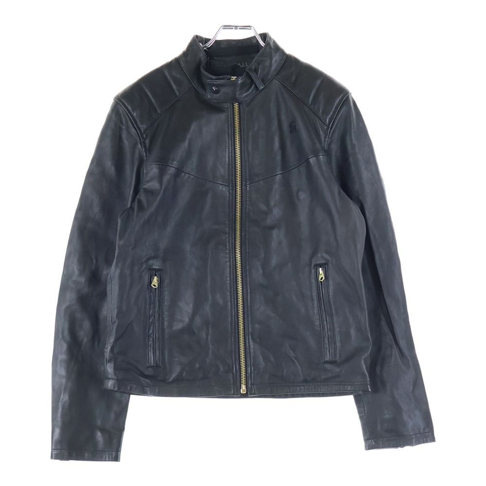 G-STAR RAW ジースターロウ 胸ロゴデザイン ダブルポケット ジップアップ レザー ライダースジャケット ブラック