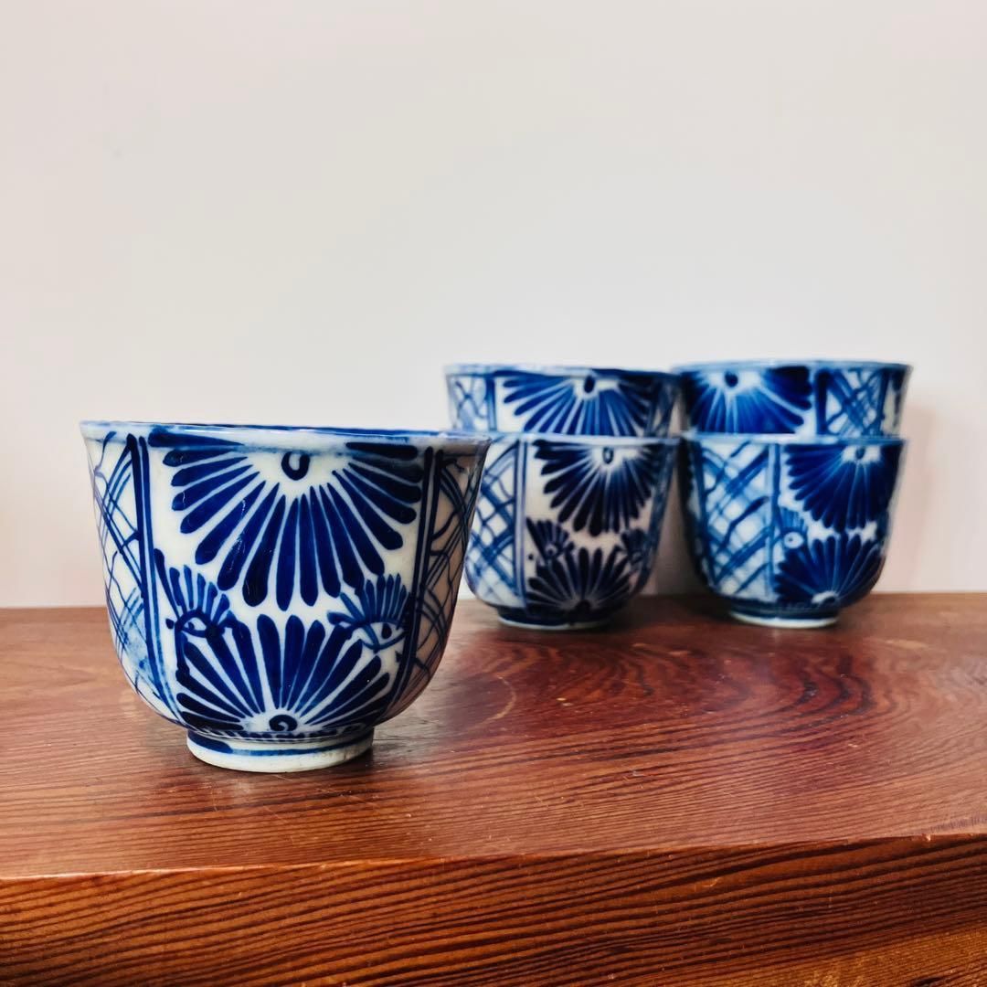 明治〜大正 染付汲み出し湯呑 /蕎麦猪口5客セット 菊文柄 蚤の市