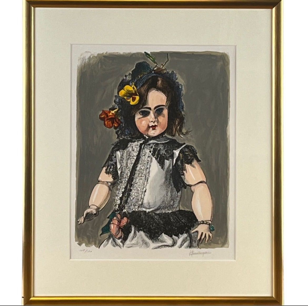 小松崎邦雄「フランス人形」リトグラフ 6号 直筆サイン 物故巨匠 一水