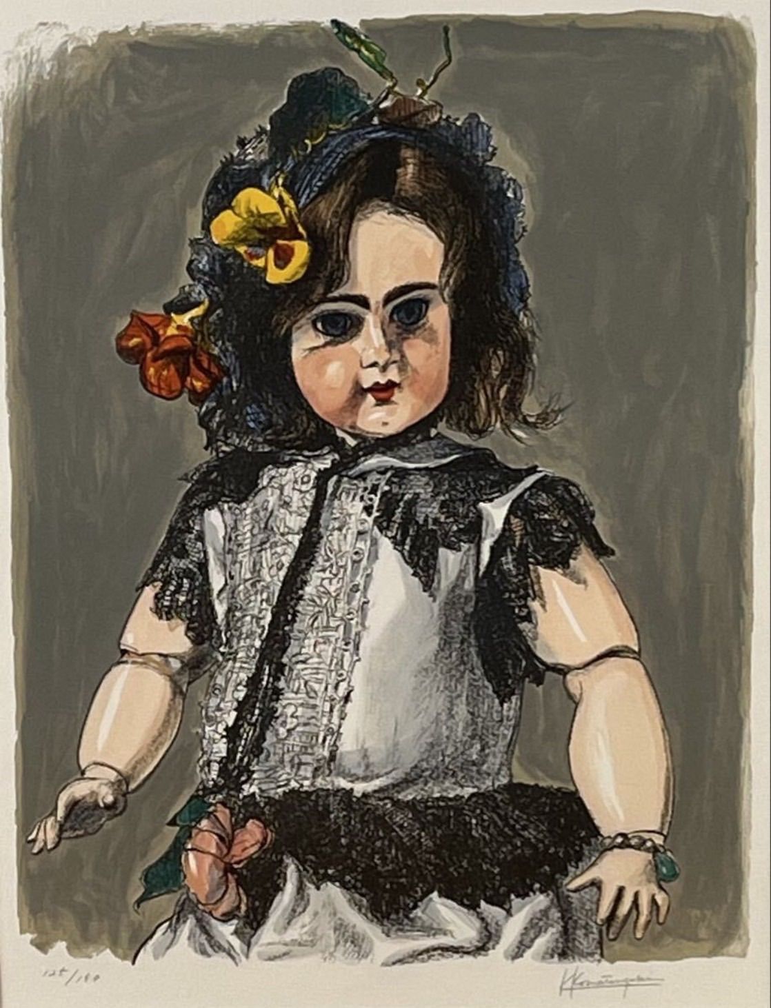 小松崎邦雄「フランス人形」リトグラフ 6号 直筆サイン 物故巨匠 一水