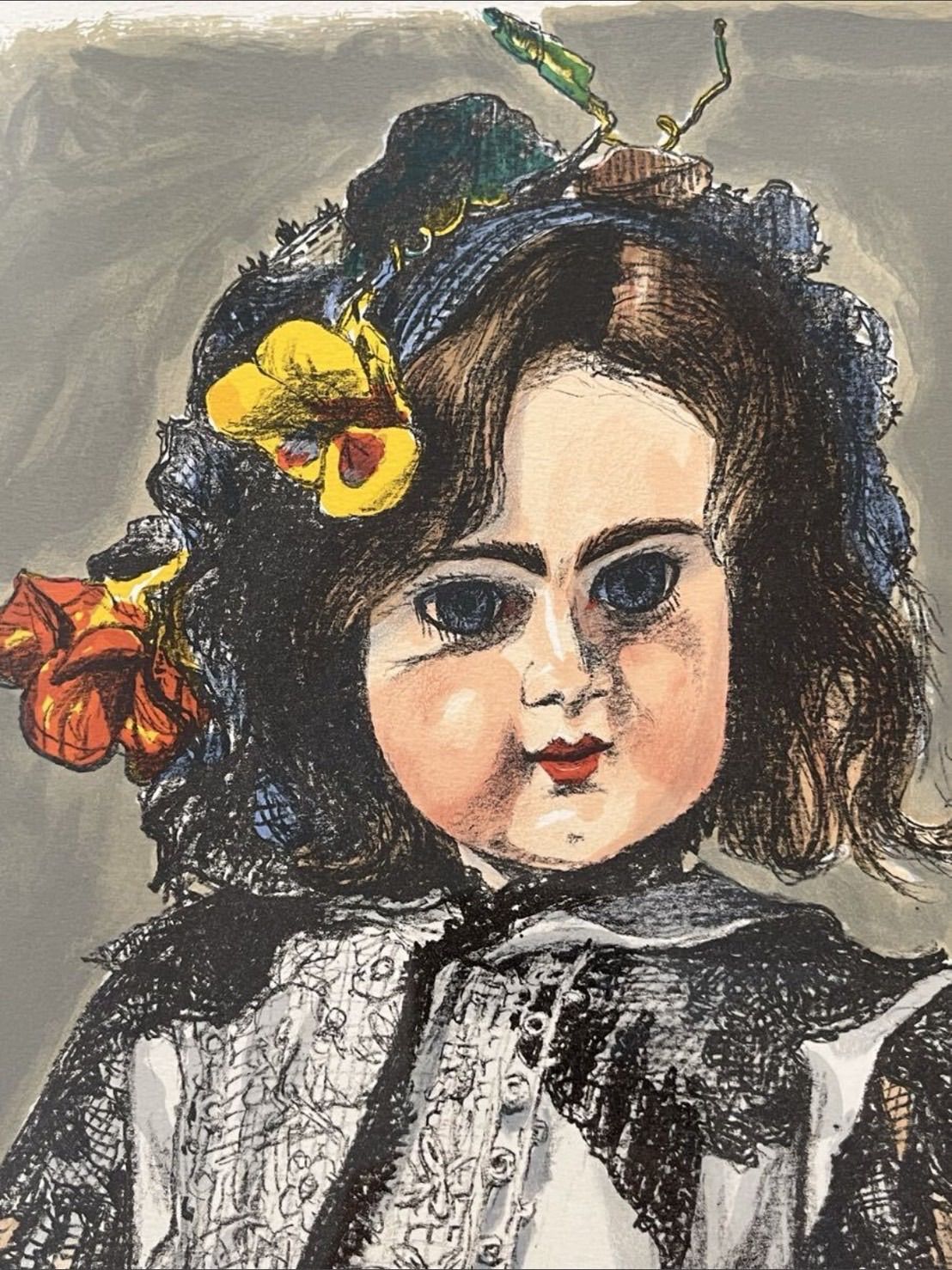 小松崎邦雄「フランス人形」リトグラフ 6号 直筆サイン 物故巨匠 一水