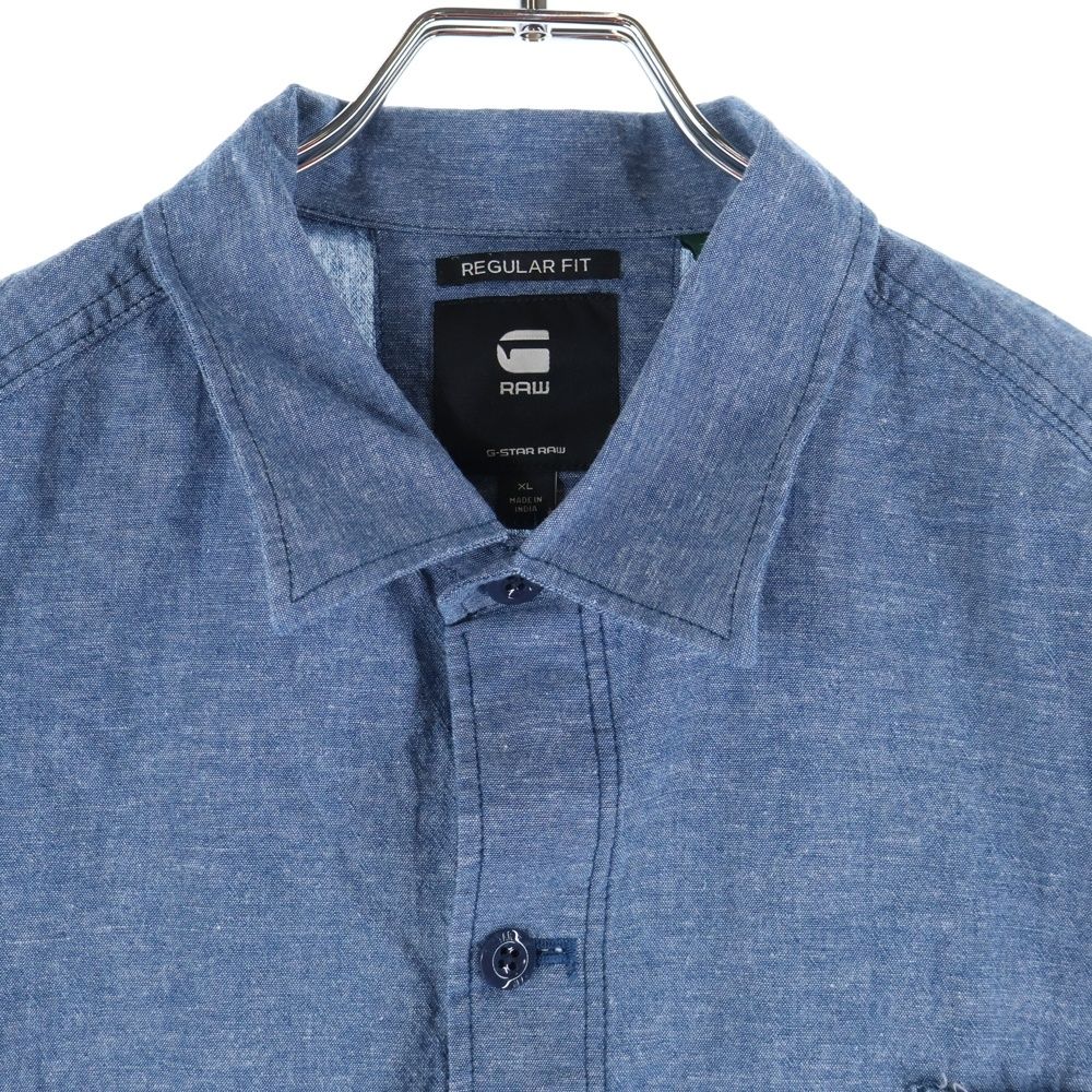 G-STAR RAW デニムブルー 半袖シャツ G-STAR RAW (ジースターロウ) 胸ロゴデザイン ダブルポケット
