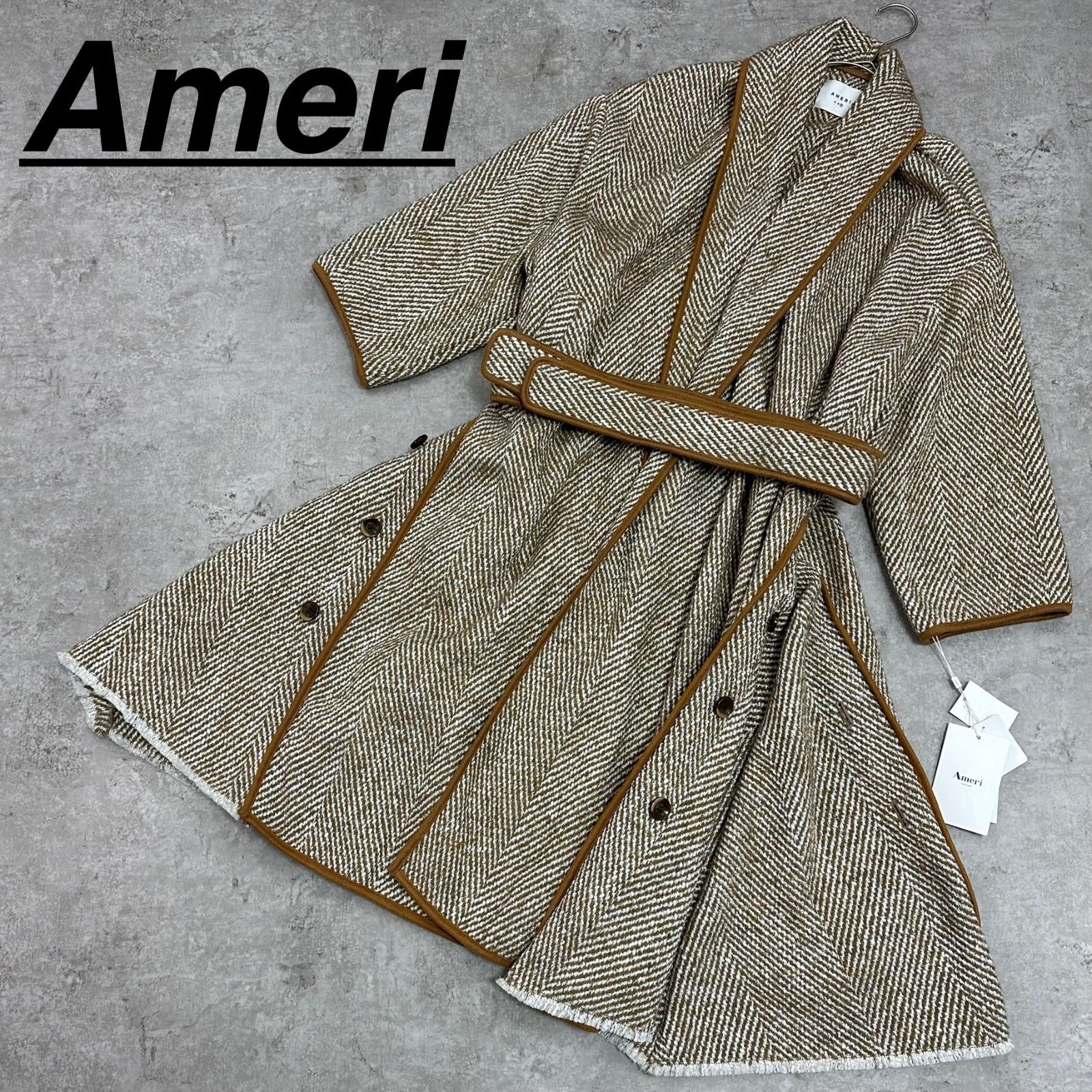 未使用】AMERI アメリ OVER 2WAY HERRING BONE COAT FREE キャメル 