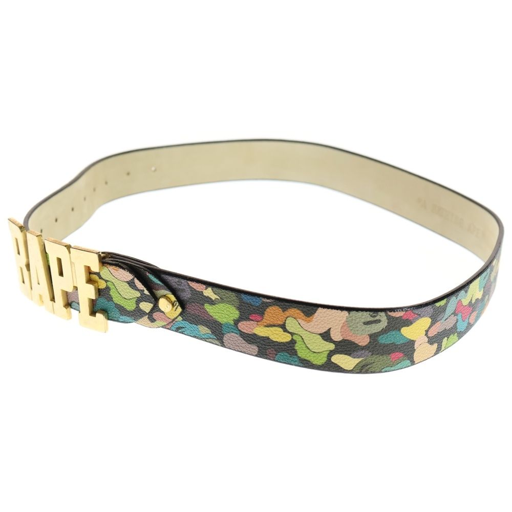 A BATHING APE アベイシングエイプ ゴールド ロゴバックル ブラックカモ レザーベルト マルチカラー