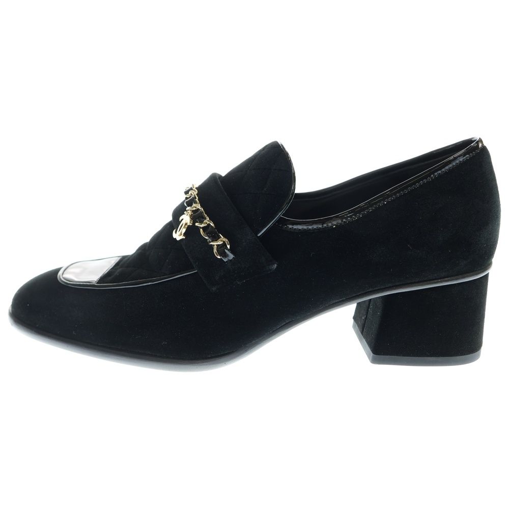 CHANEL シャネル ココマーク ロゴプレート ベロア ベルベット キルティング パテントレザー チェーン ローカットシューズ パンプス ローファー ゴールド金具 レディース G 34913