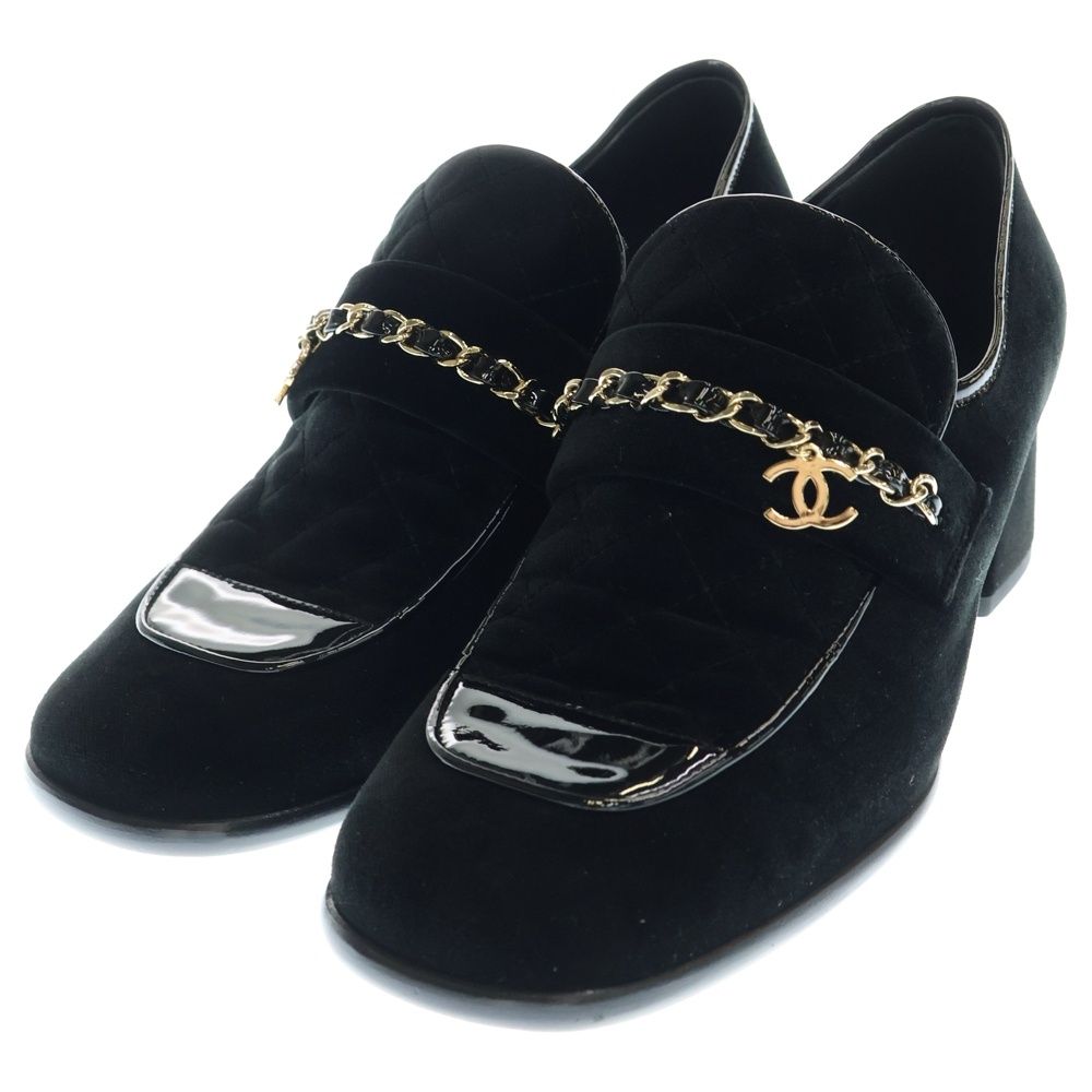 CHANEL シャネル ココマーク ロゴプレート ベロア ベルベット キルティング パテントレザー チェーン ローカットシューズ パンプス ローファー ゴールド金具 レディース G 34913