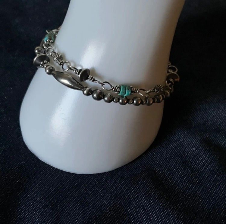 All silver925 ナバホパール×天然ターコイズの錆びないつけっぱなしOK