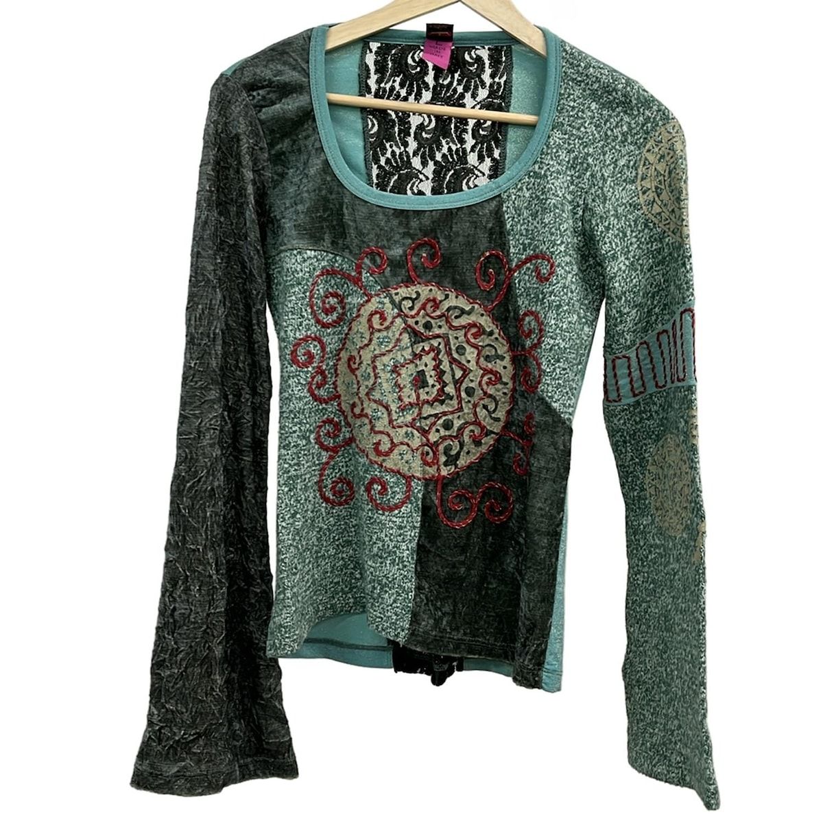 セーブザクイーン 長袖カットソー サイズL レディース グリーン レッド マルチ クルーネック ニット ベロア レース ラメ