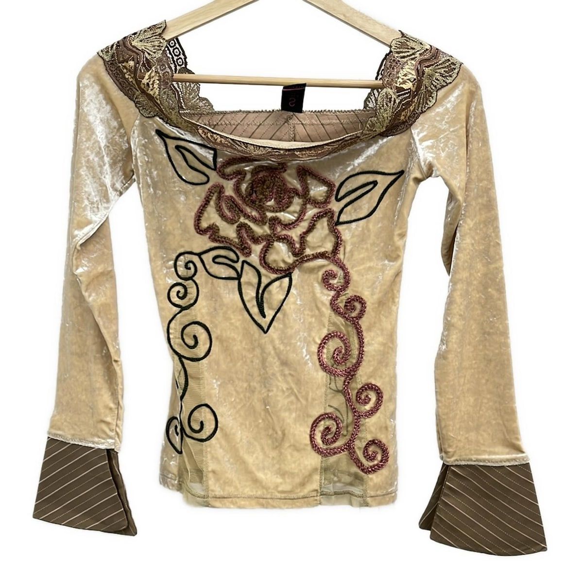 セーブザクイーン 長袖カットソー サイズS レディース ベージュ ダークブラウン マルチ ベロア レース シースルー