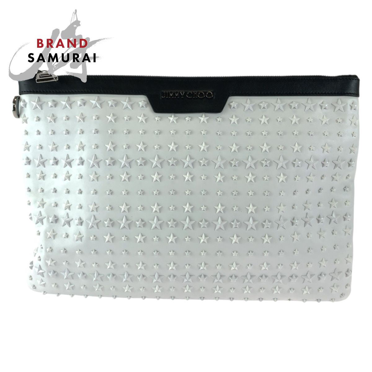 良品 ジミーチュウ クラッチバッグ セカンドバッグ レザー ホワイト スタッズ JIMMY CHOO ジミーチュウ DEREK スタースタッズ ホワイト ブラック