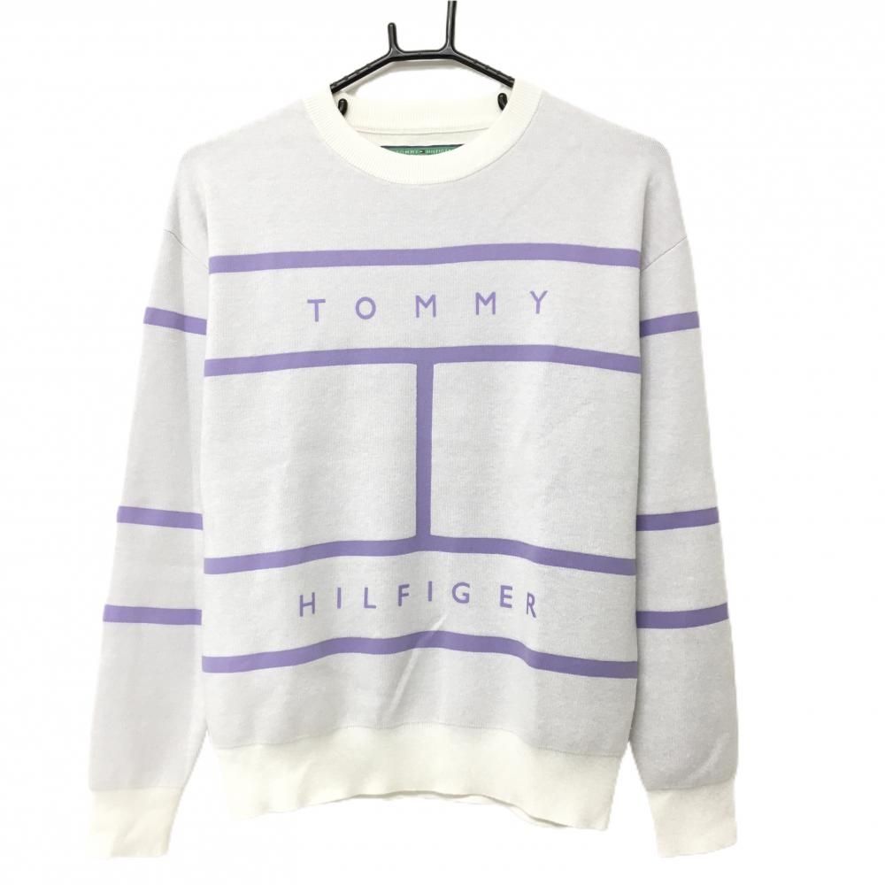 【超美品】トミーヒルフィガーゴルフ セーター 白×パープル フロントロゴ  レディース M ゴルフウェア Tommy Hilfiger Golf
