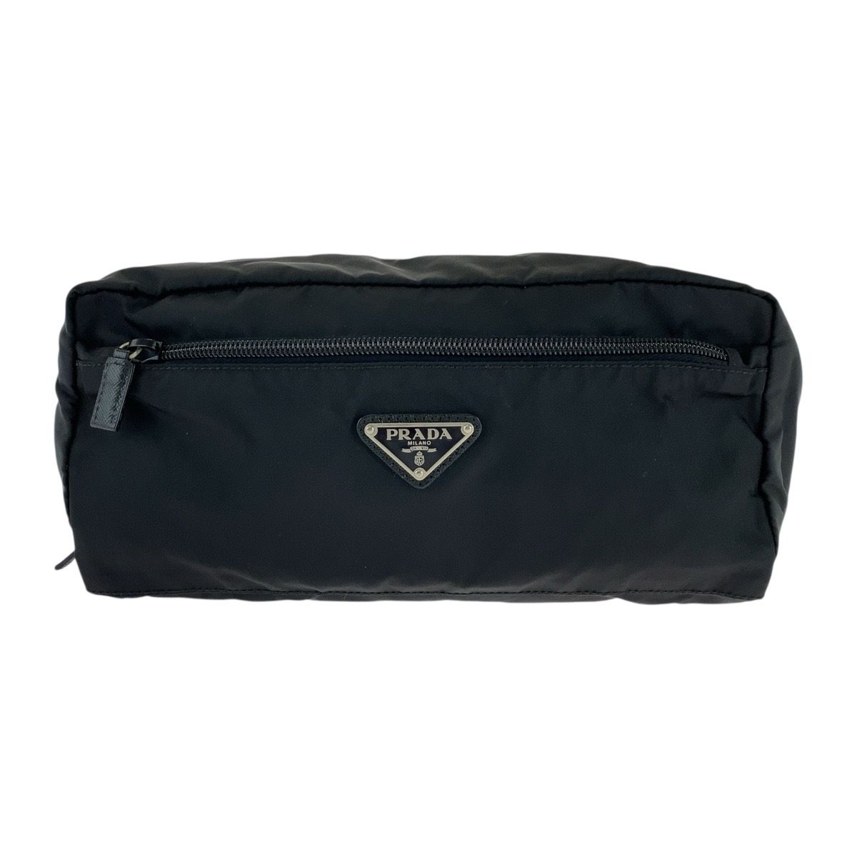 美品✨PRADA 大容量 クラッチバッグ 三角ロゴプレート テスートナイロン PRADA プラダ テスート サフィアーノレザー 三角ロゴプレート ブラック