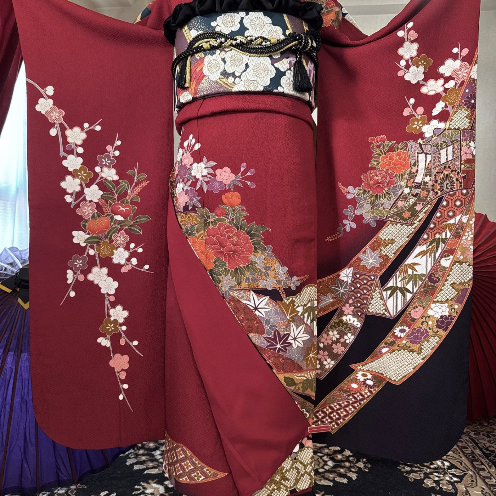 振り袖　フルセット　長襦袢　袋帯　疋田柄　金彩加工　総絞りエンボス加工　427 振り袖 フルセット 長襦袢 袋帯 疋田柄 金彩加工 総絞りエンボス加工 427