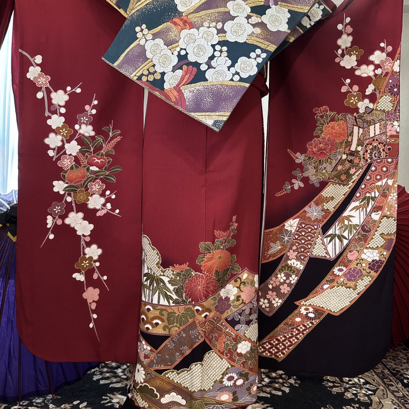 正絹 豪華振袖フルセット 絞り エンボス加工 黒 袋帯 (6点) ・古典柄