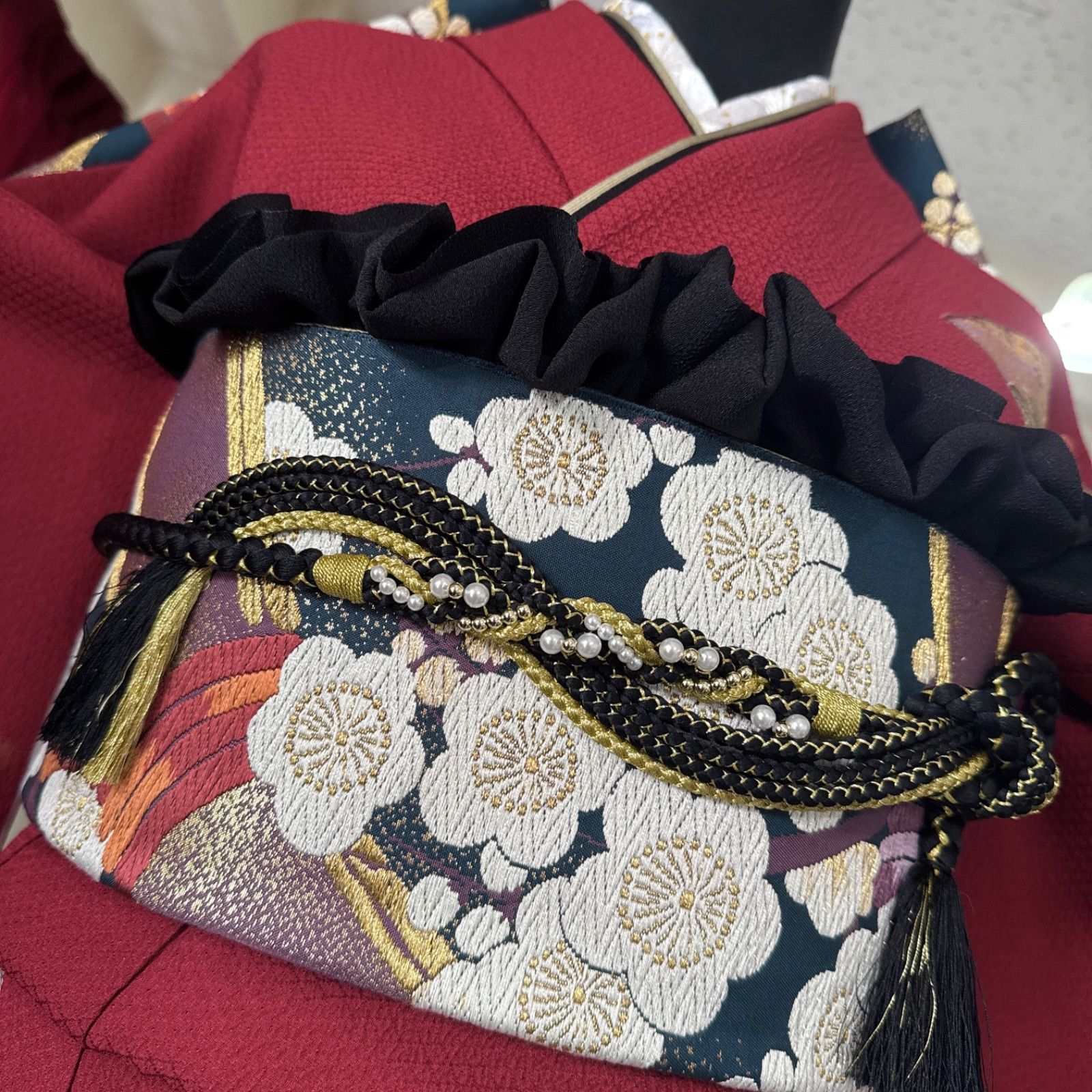 正絹 豪華振袖フルセット 絞り エンボス加工 黒 袋帯 (6点) ・古典柄