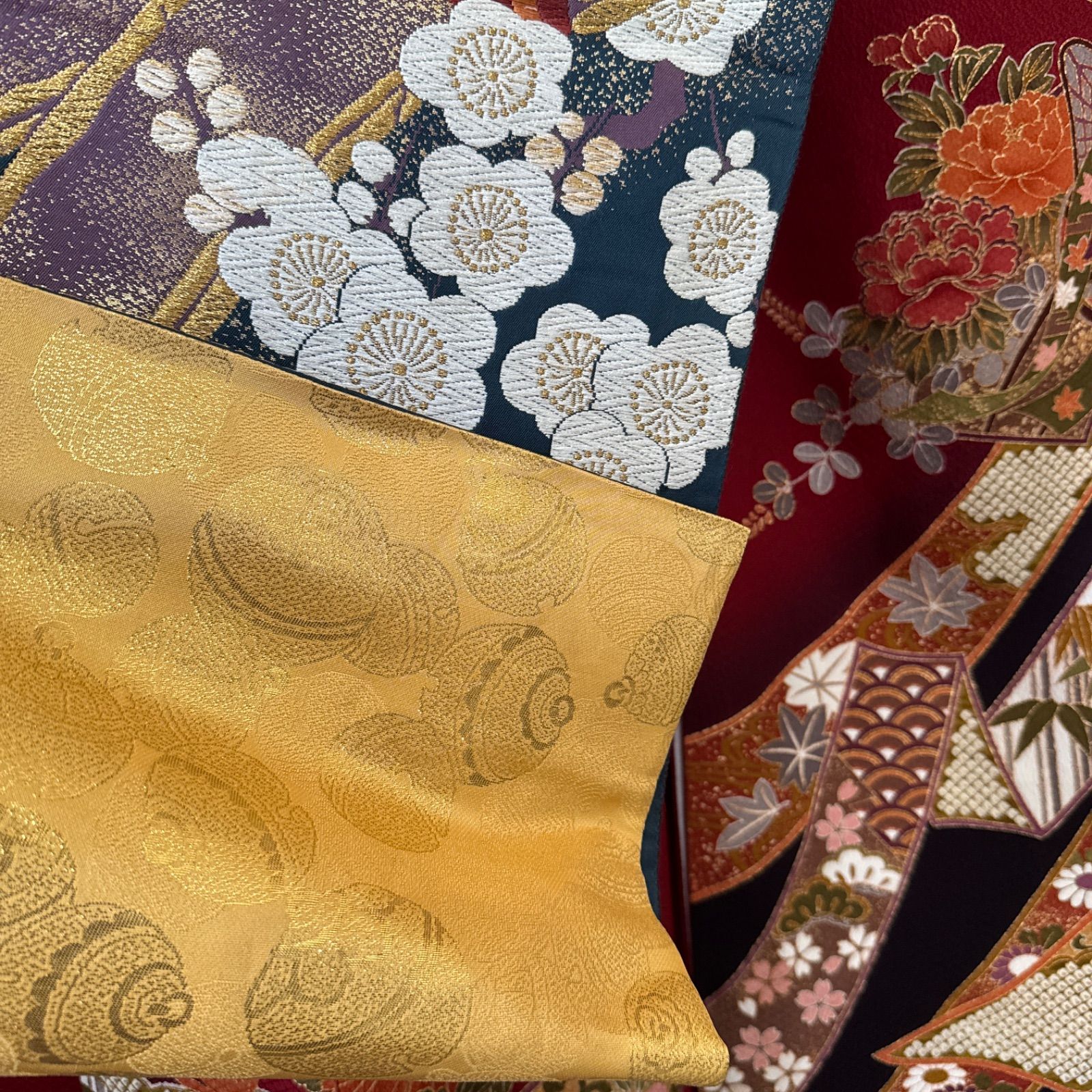 正絹 豪華振袖フルセット 絞り エンボス加工 黒 袋帯 (6点) ・古典柄