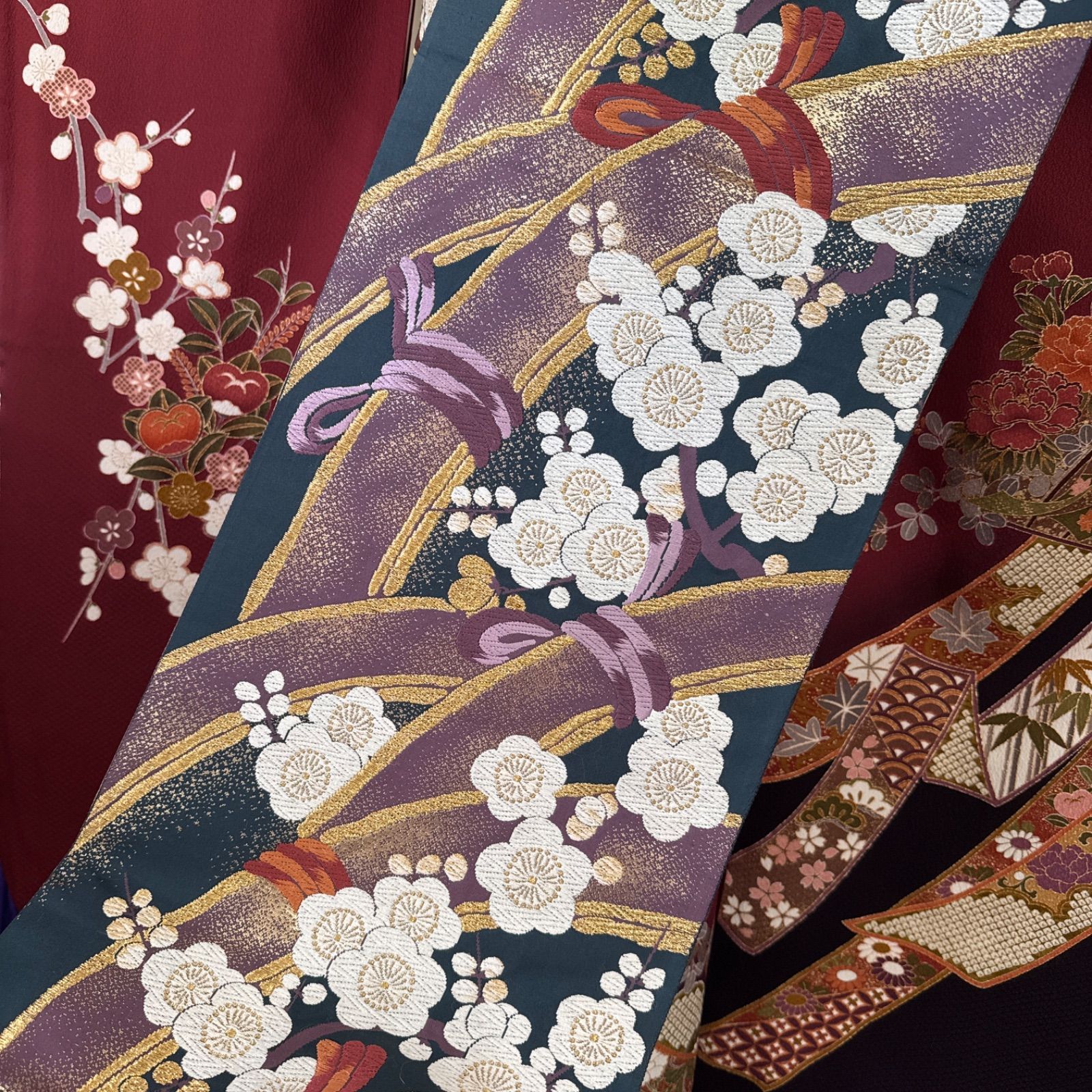 正絹 豪華振袖フルセット 絞り エンボス加工 黒 袋帯 (6点) ・古典柄