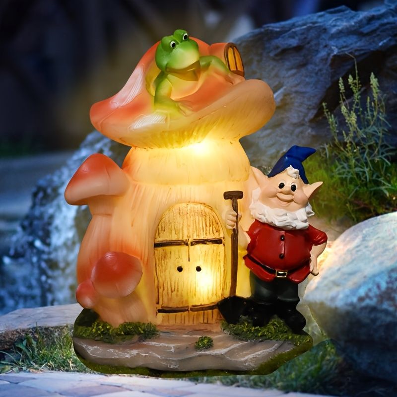 ソーラーライト ガーデンライト ガーデンオーナメント キノコの家に住んでいる小人とカエル かえる 庭オブジェ 癒しグッズ ガーデニング お庭 玄関ライト 園芸装飾 インテリア オシャレ 防水 ギフト プレゼント 贈り物 樹脂