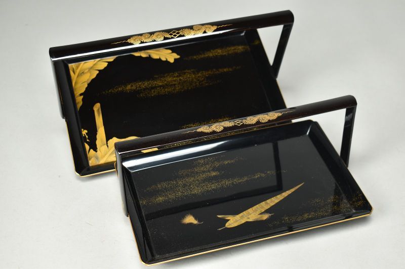 蔵A 5722 木製蒔絵 葉図 盃盆 手付入子盆