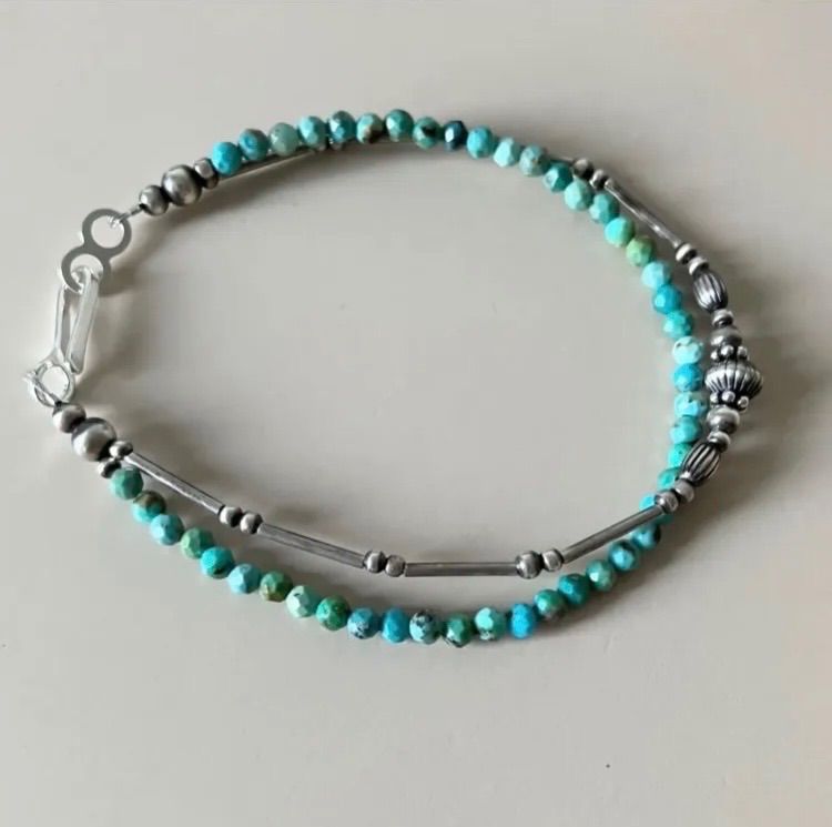 silver925ナバホパール×天然ターコイズの2連ブレスレット17.5cm