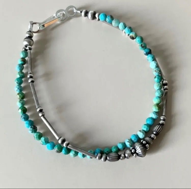 silver925ナバホパール×天然ターコイズの2連ブレスレット17.5cm