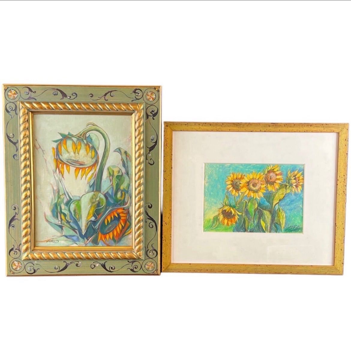 平阪弘 ひまわり風景 断片 油彩 4号 水彩 3号 風景画 2点 まとめて 直筆サイン入り 豪華額装 春陽会会員 愛知県出身