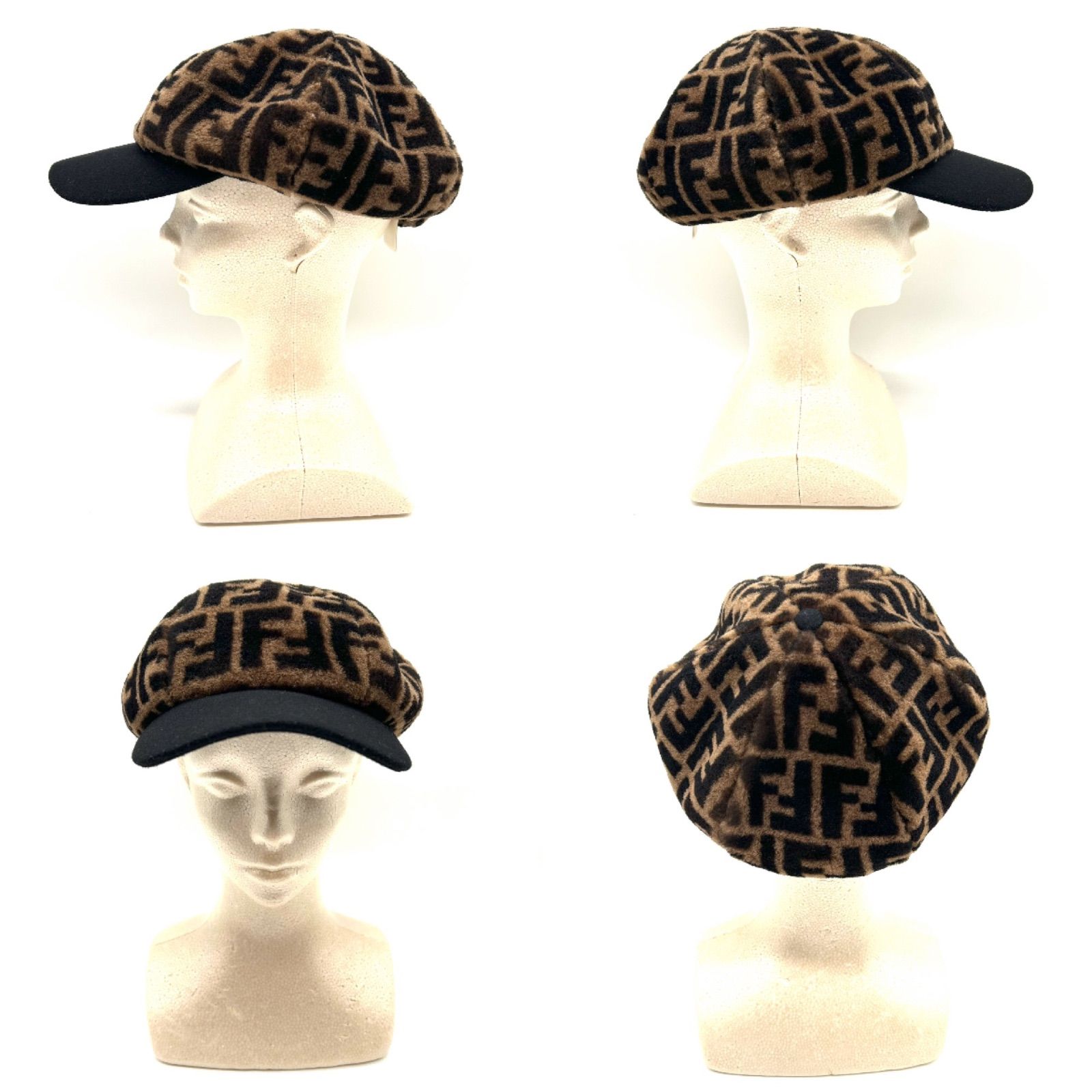 FENDI フェンディ キャップ ズッカ ウール ボア ファー ブラウン キャスケット レディース 帽子
