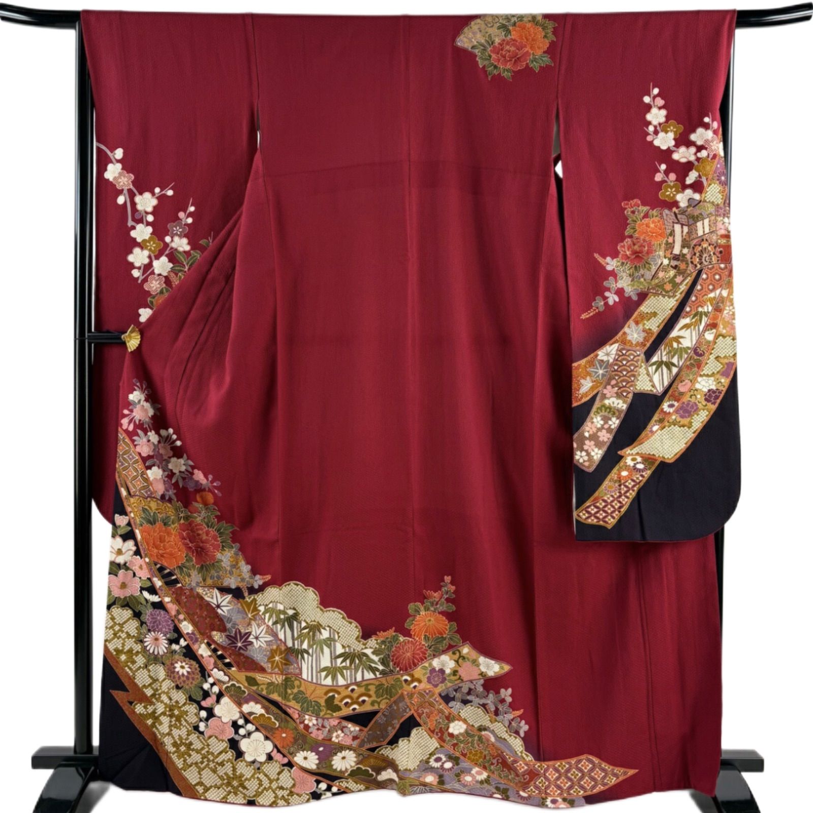 振り袖　フルセット　長襦袢　袋帯　疋田柄　金彩加工　総絞りエンボス加工　427 正絹 豪華振袖フルセット 絞り エンボス加工 黒 袋帯 (6点) ・古典柄