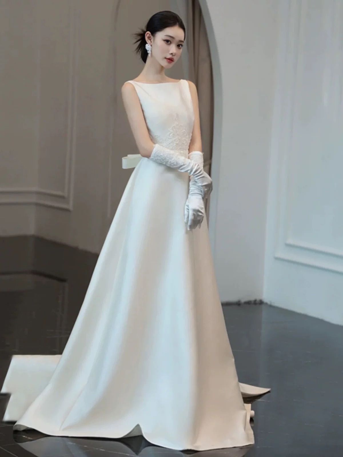 ウェディングドレス 結婚式 ロング トレーン 刺繍 ホワイト 白 前撮り 韓国 リボン 秋冬 XS S M L