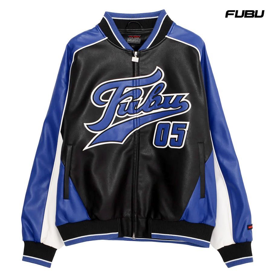 FUBU FAUX LEATHER GAME JACKET【BLACK×BLUE】 (L・XL)(フブ 通販