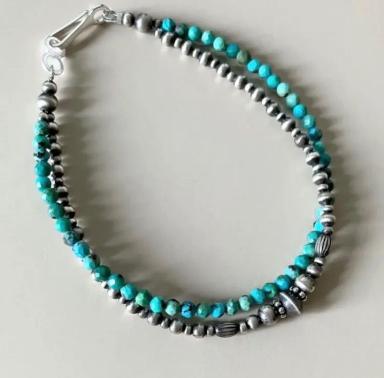 silver 925ナバホパール 天然ターコイズの2連ブレスレット19 cm メンズrt pjt t